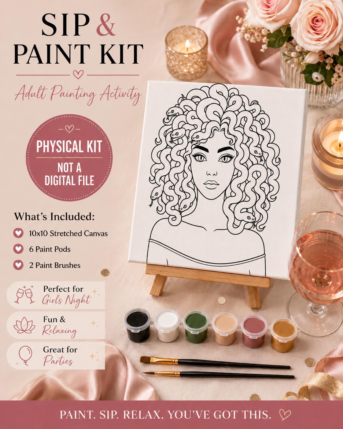 Medusa -Adult Sip & Paint Kit, 10x10 Canvas
