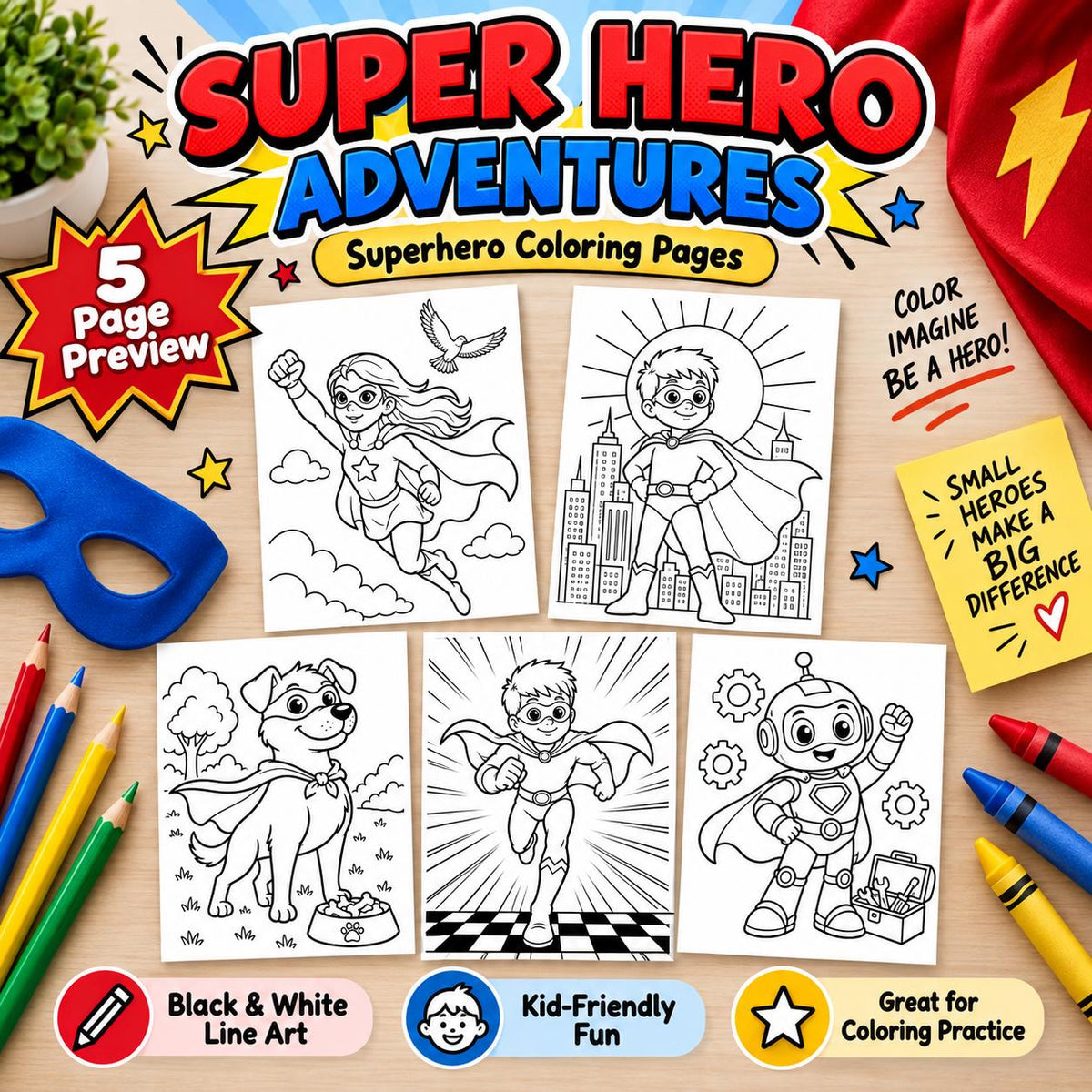 Superhero Mini Coloring Pages Kit